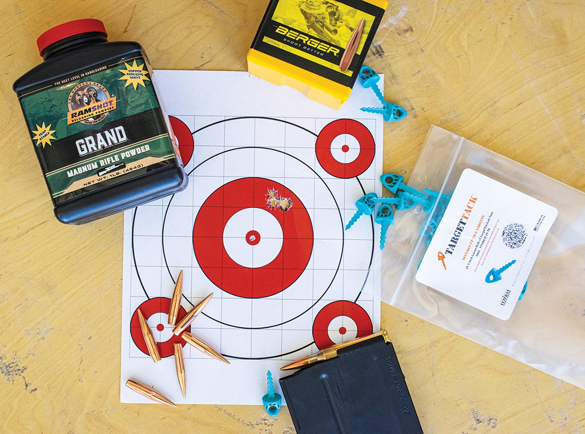 One of the standout powders was Ramshot Grand. Being a ball powder it  was easily and consistently dispensed using a Forster Bench Rest Powder Measure. When paired with 300-grain Berger OTM Tactical bullets it  proved to be not only accurate but delivered low standard deviations and  extreme spreads.